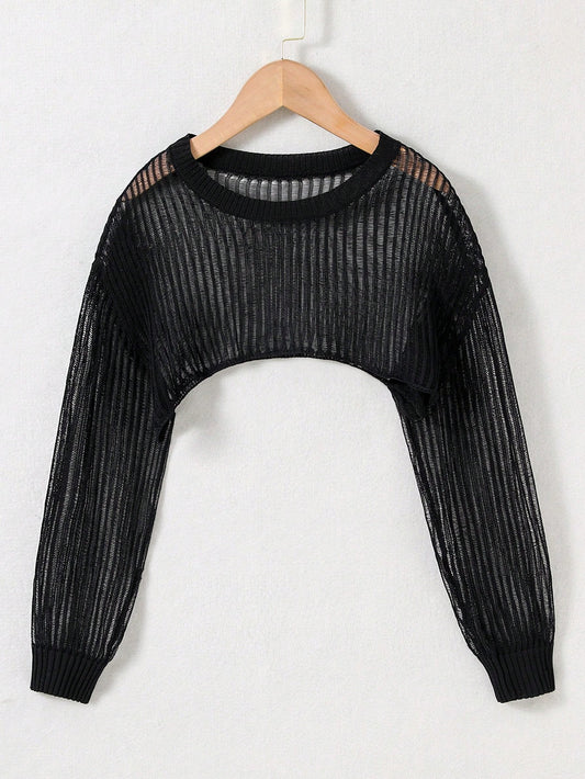 Tween Girl Solid Drop Shoulder Crop Sweater