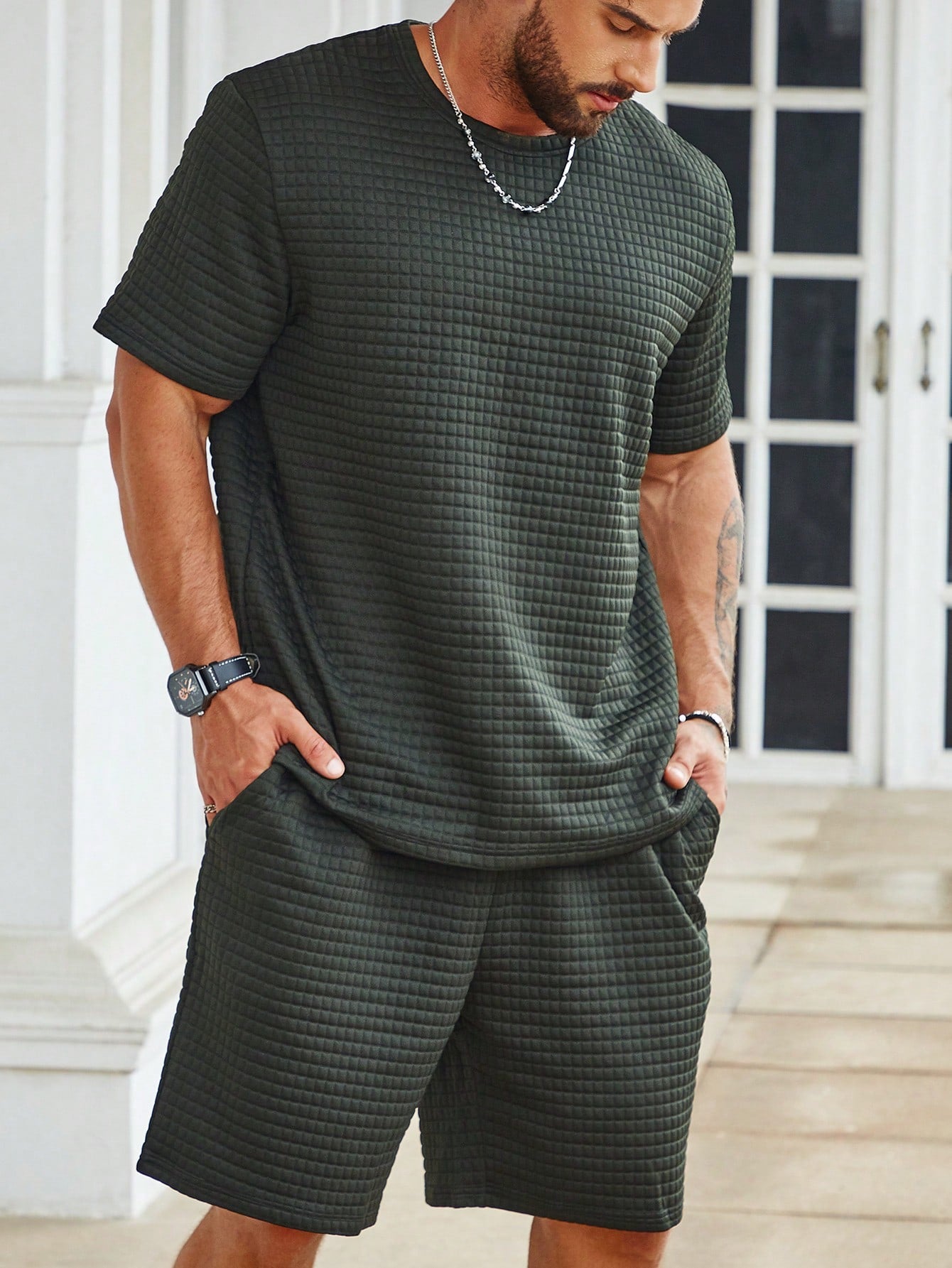 Men Plus Solid Tee & Drawstring Waist Shorts