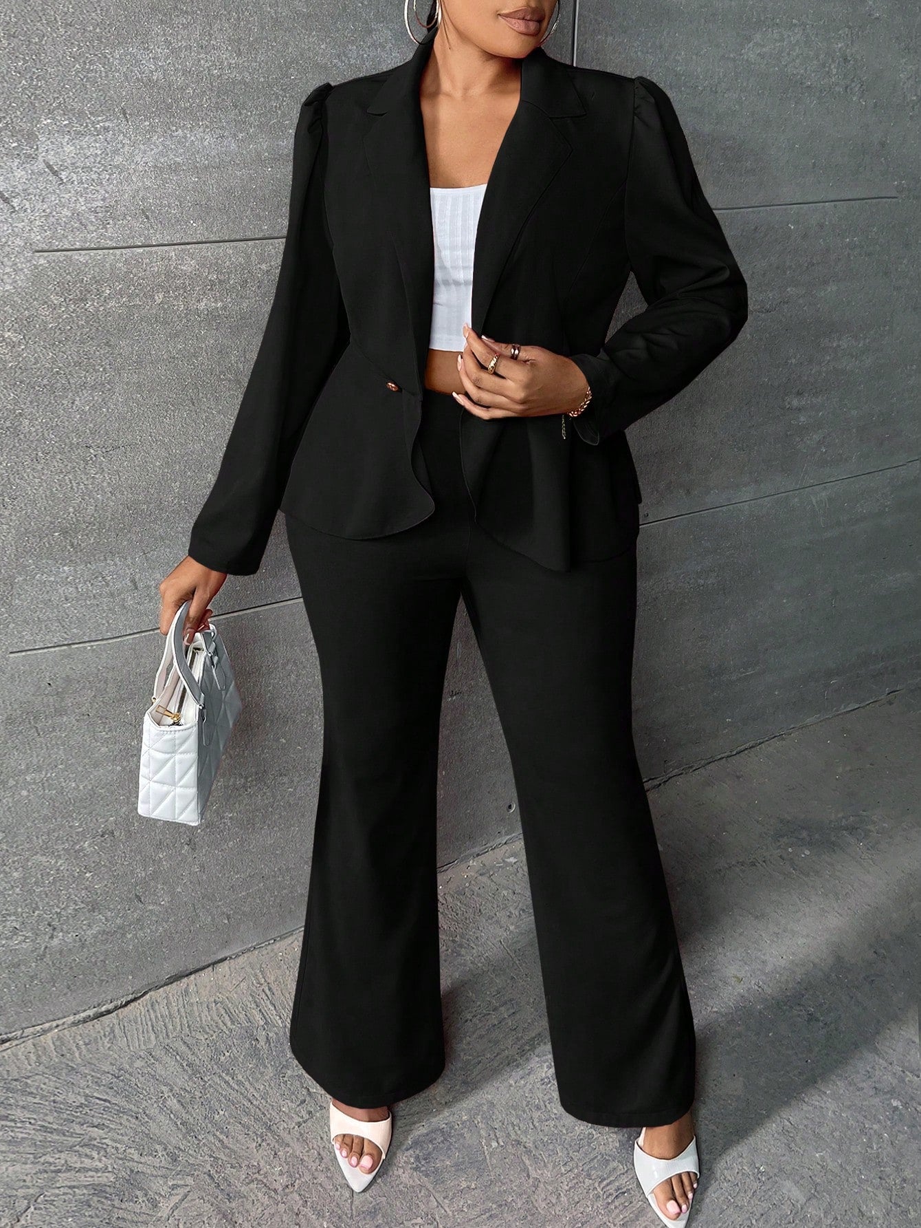 Plus Solid Open Front Blazer & Flare Leg Pants