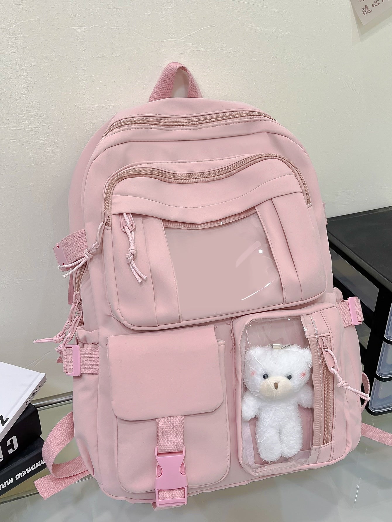 Cute Student Schoolbag, Large Capacity Zipper Simple Schoolbag With Bear Schoolbag For Elementary Students Female Middle School Students High School Students Large Capacity Shoulder Schoolbag Fashion Casual Campus Pairing Computer Schoolbag Female Schoolb