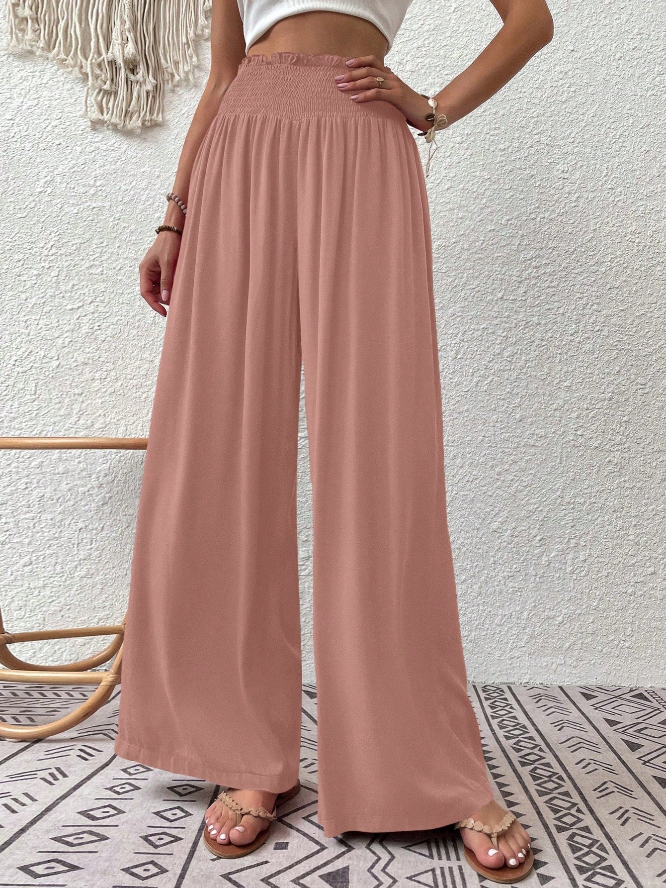 Shirred Waist Wide Leg Pants