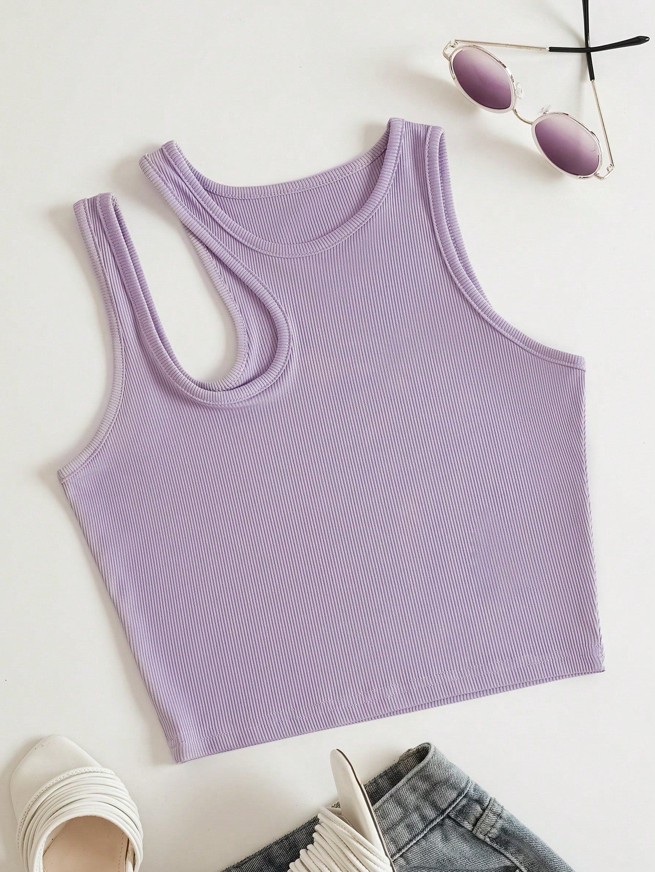 Solid Cut Out Shoulder Ribbed Knit Tank Top For Summer