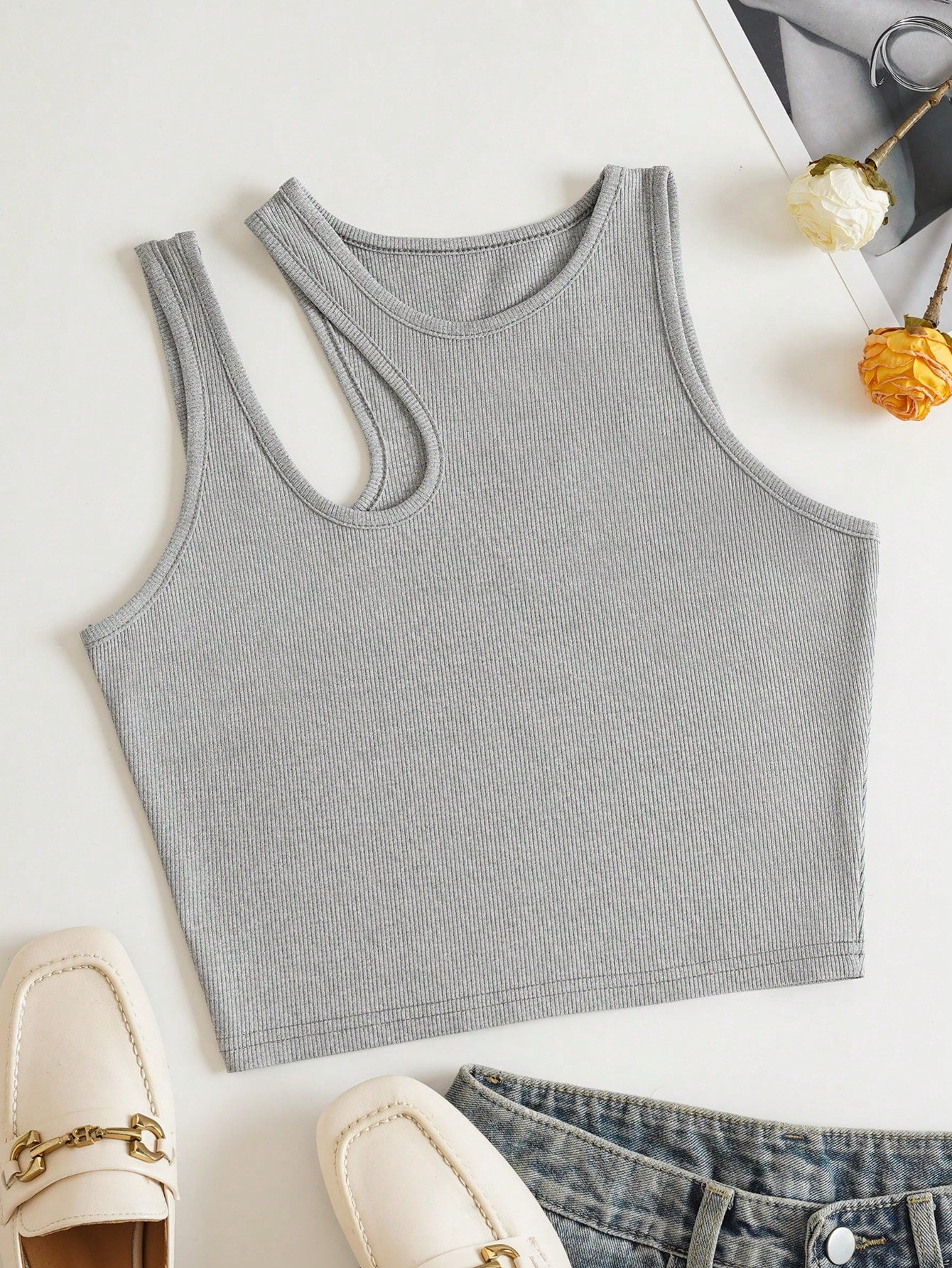 Solid Cut Out Shoulder Ribbed Knit Tank Top For Summer