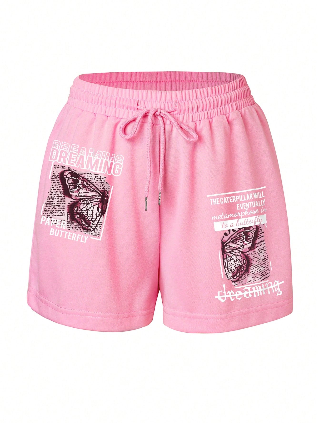 Butterfly & Slogan Graphic Drawstring Waist Track Shorts