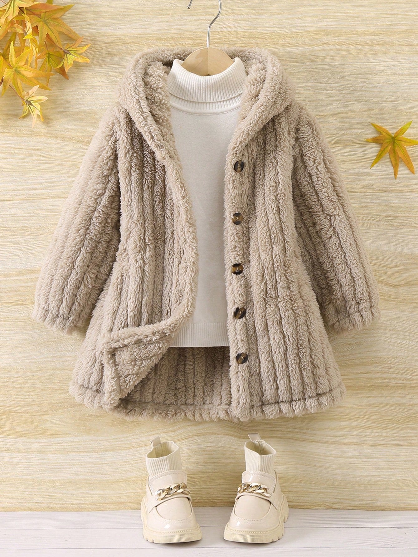 1pc Plush Warm Classic Street Style Hooded Long Sleeve Girls' Coat, Versatile