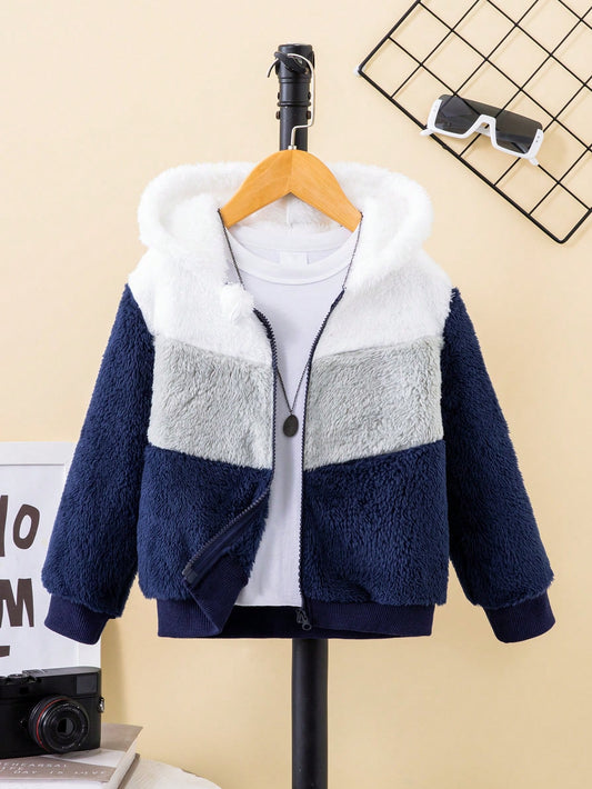 Young Boys' Patchwork Plush Spring And Autumn Long Sleeve Zipper Hooded Jacket