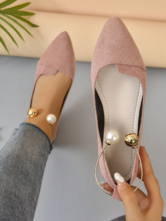 Ladies' Stylish Metal Ring Decoration Lotus Pink Pointed Toe Shoes