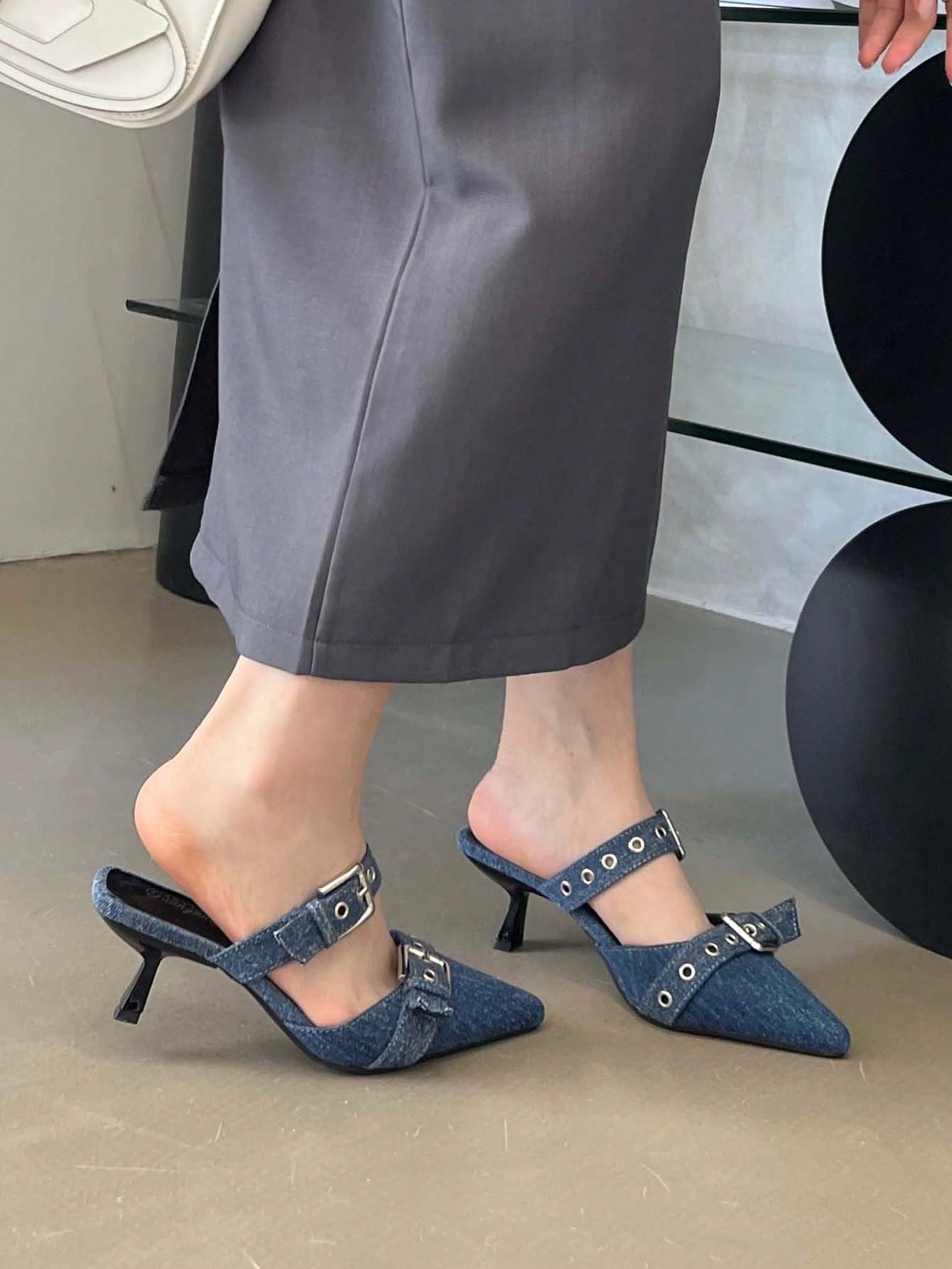 Silver Pointed-Toe Slip-On Mule Heels With Double Buckle Decor, Women Fashionable High Heel Shoes