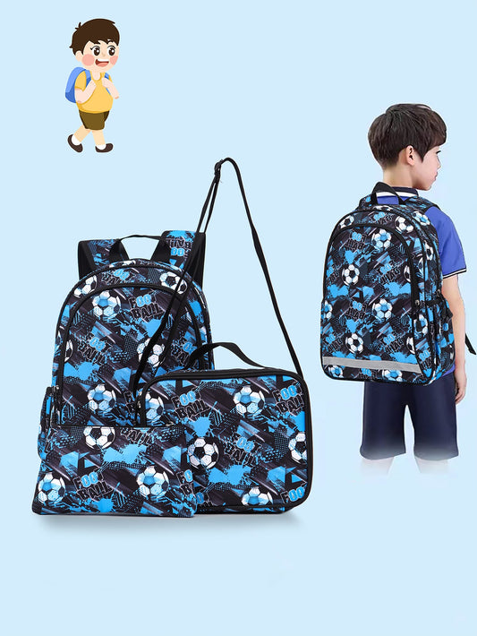 15.75in/40cm 3pcs Boys' Or Girls' Lightweight Backpack Set With Lunch Box & Pencil Case, Suitable For Travel, Camping, School. Padded Back & Adjustable Shoulder Straps, Fashionable Design (soccer Pattern).