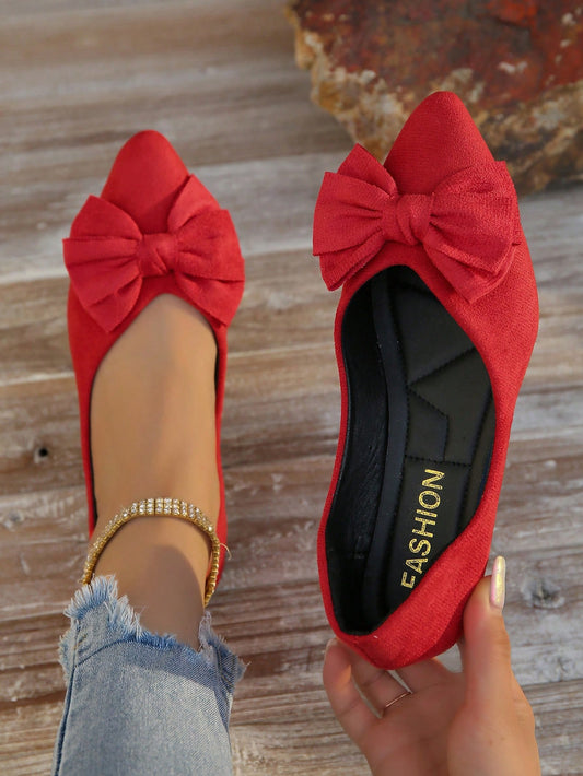 Women's Plus Size Red Pointed Toe Slip-on Flat Shoes, Fashionable & Versatile With Bowknot Detail