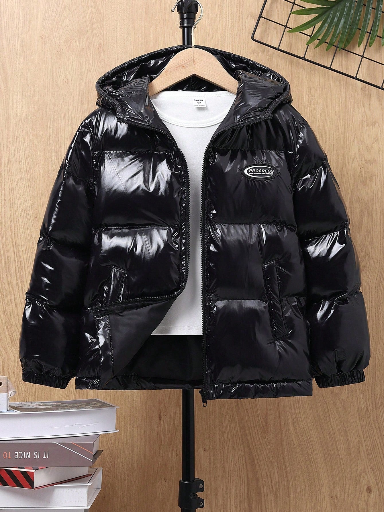 Tween Boy 1pc Letter Patched Detail Zipper Hooded Puffer Coat