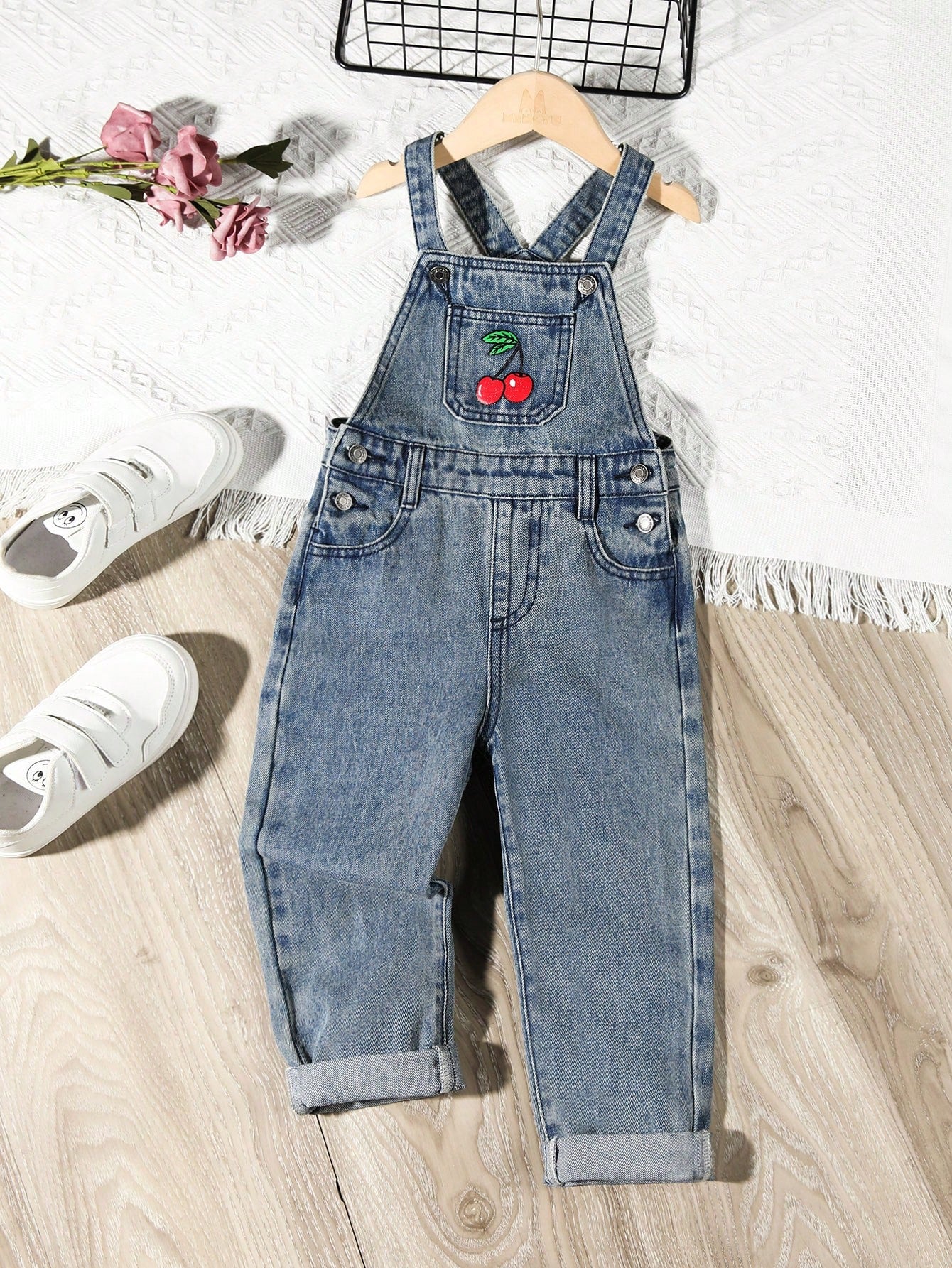 Young Girl Cherry Print Denim Overall Jumpsuit