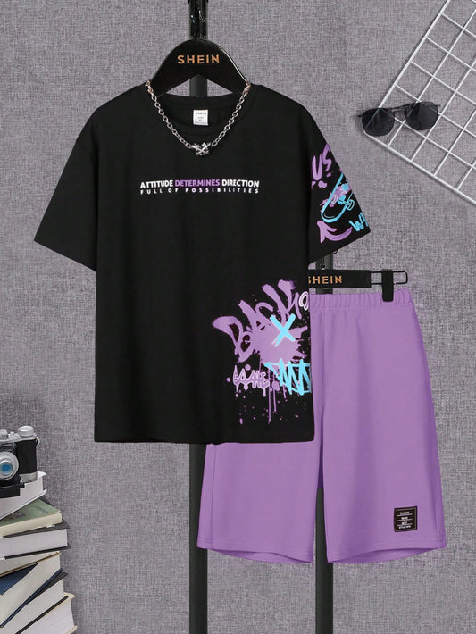 Tween Boy Sporty 2pcs Slogan Print Purple T-Shirt And Shorts Set