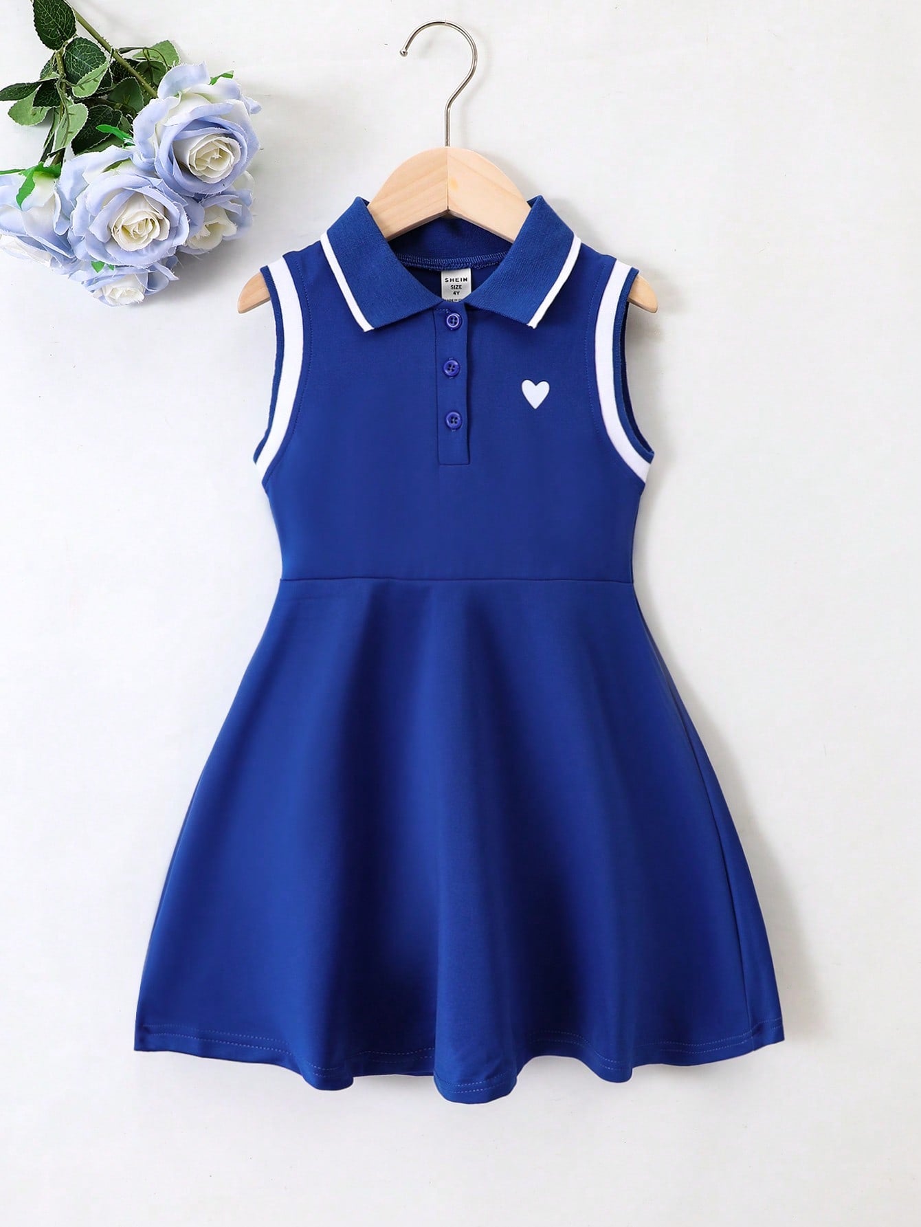 Young Girl Preppy Style Heart-Shaped Print Striped Trim Ribbed Collar Sleeveless Dress For Summer