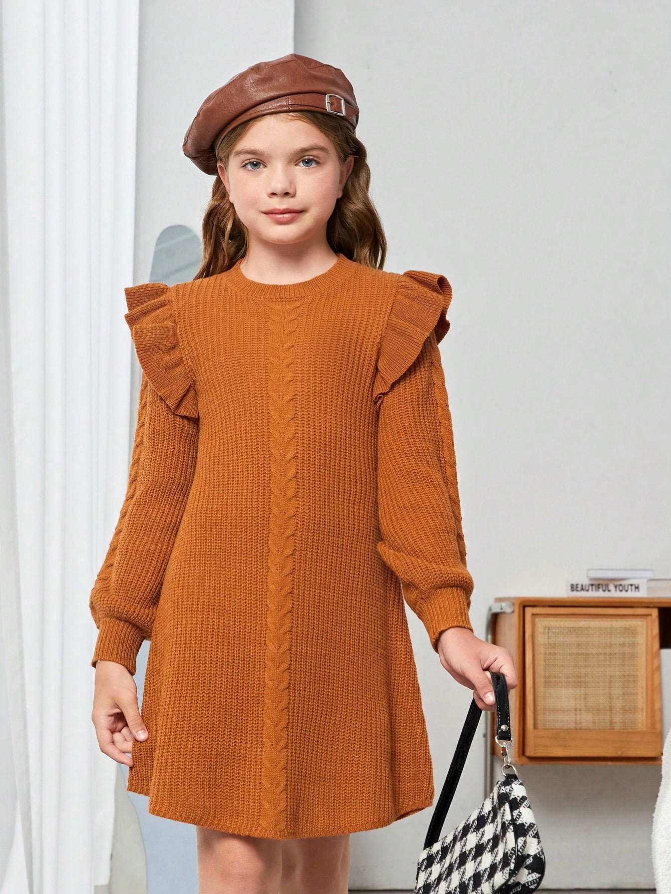 Tween Girl Loose Fit Sweater Dress With Flared Hem, Long Sleeve, Casual Style