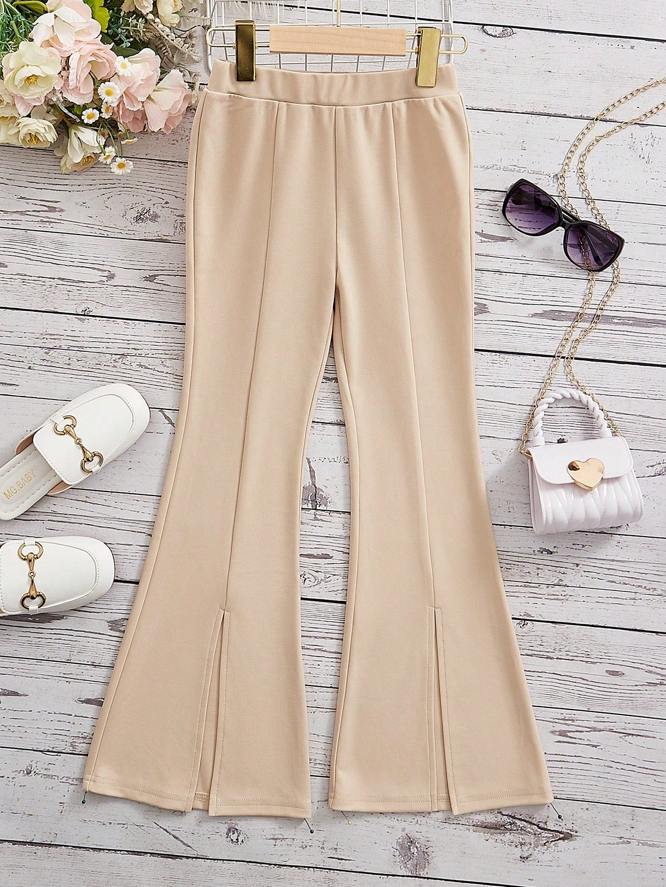 Tween Girl Daily Casual Knitted Solid Color Slit Hem Slim Flare Pants