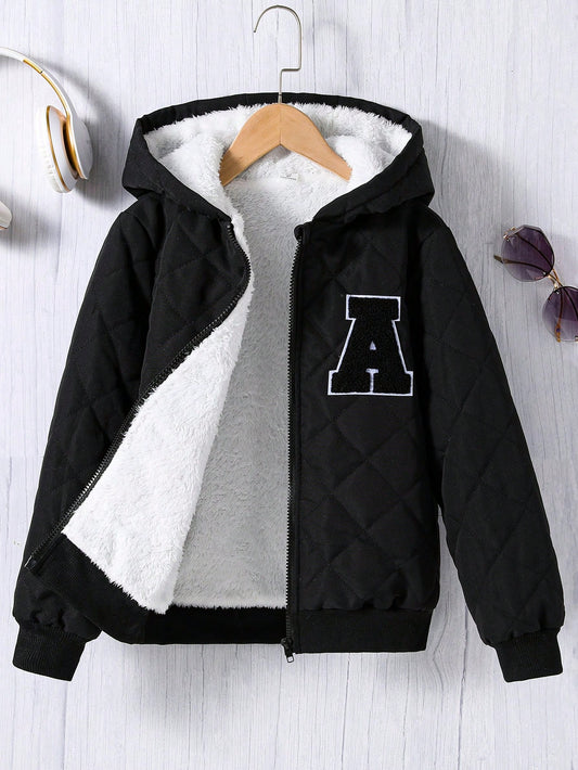 Tween Boy Letter Patched Detail Teddy Lined Hooded Quilted Jacket