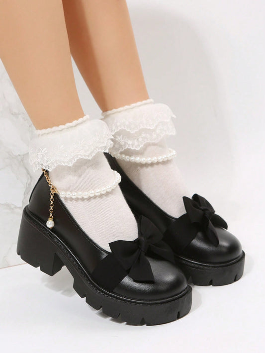 Preppy Ankle Strap Shoes For Women, Bow & Faux Pearl Decor Platform Wedges Shoes