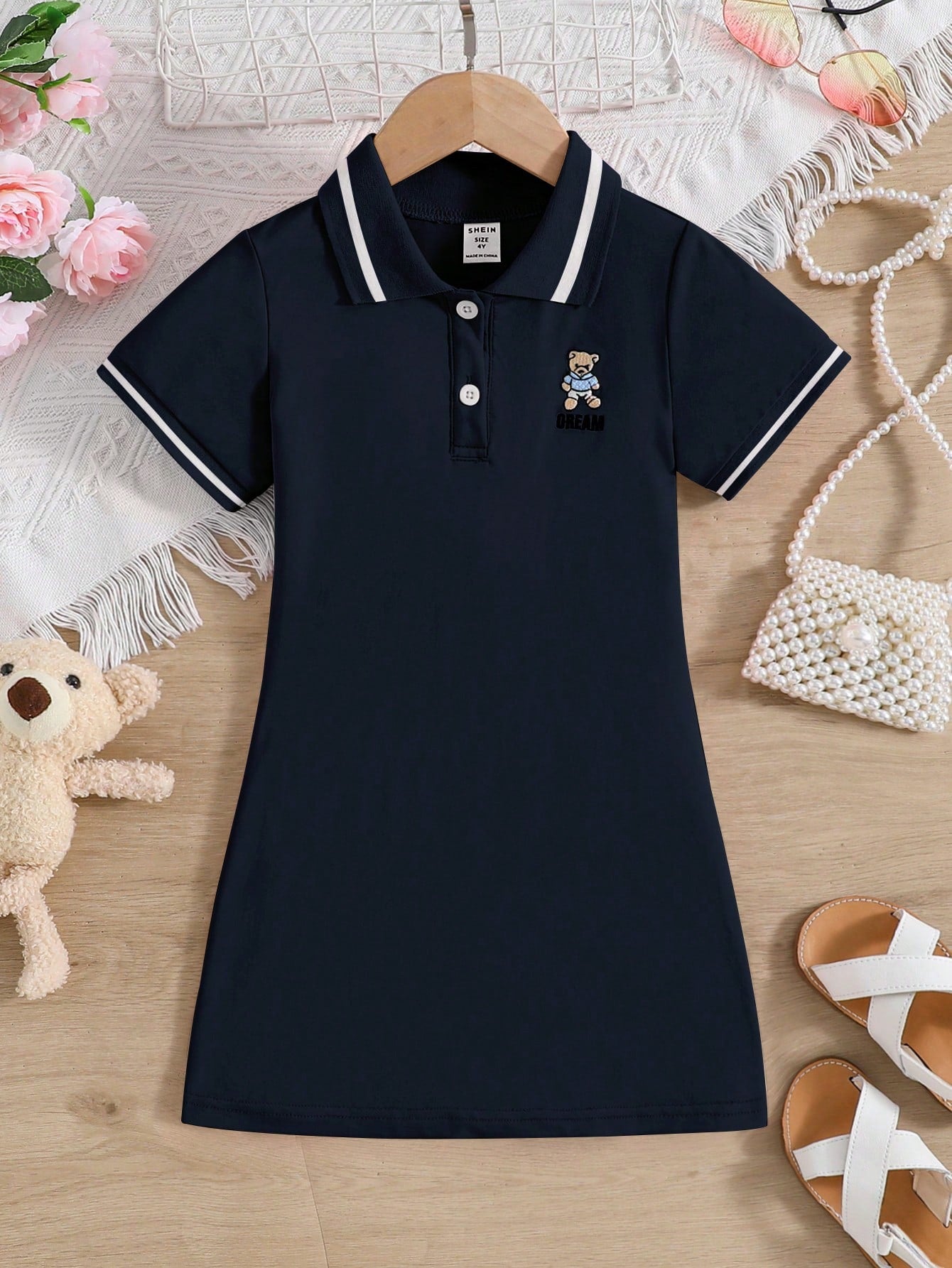 Young Girl Bear Embroidery Contrast Trim Polo Neck Tee Dress