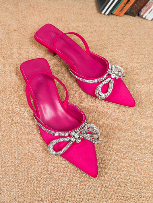 Women's Rhinestone Bowknot Kitten Heel Shoes For Spring And Summer, Elegant And Sweet Style, Pointed Toe Low-Heeled Sandals/Mules For Parties, Weddings, And Other Formal Occasions