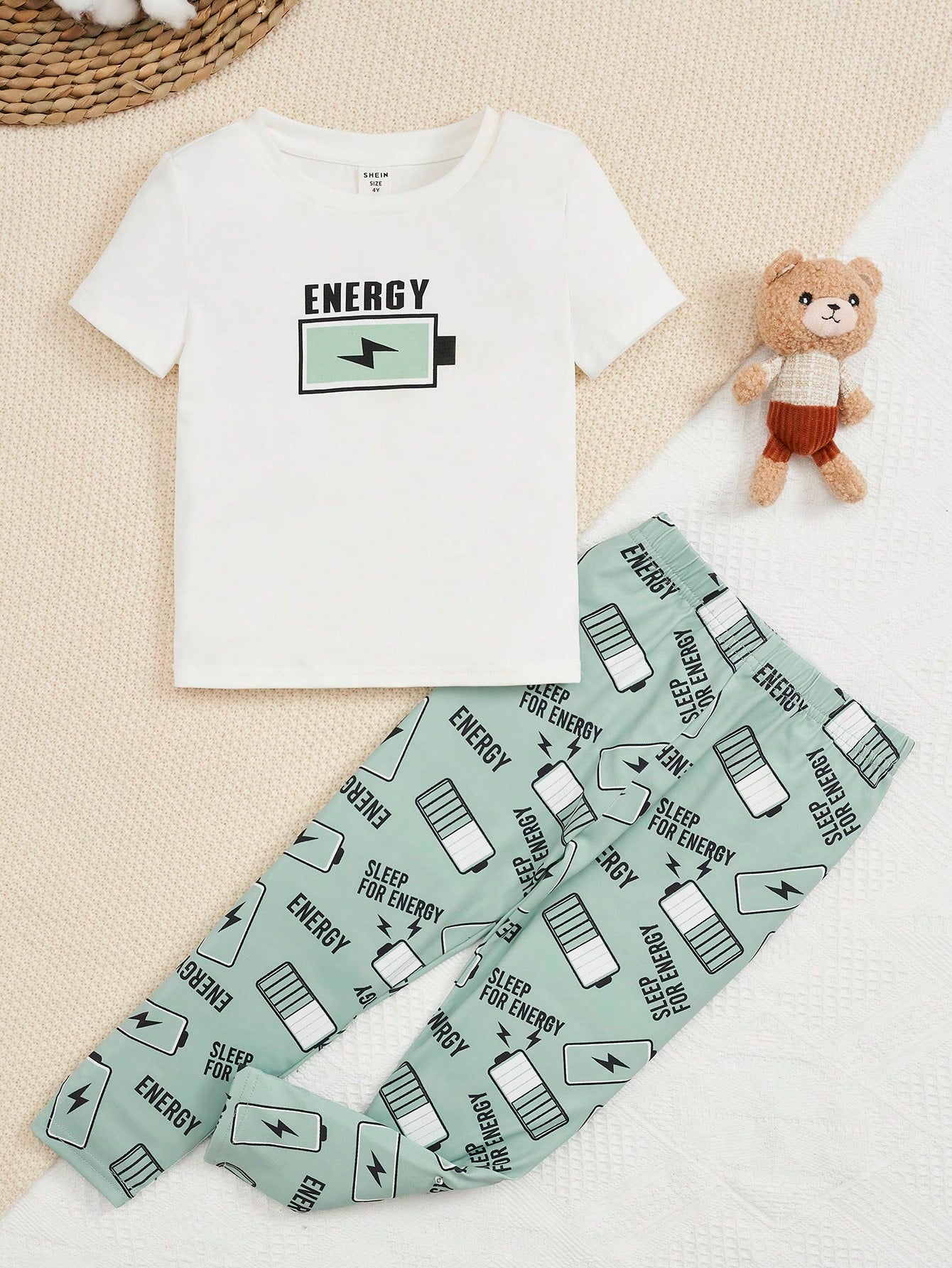 Young Boy  Cute Round Neck Pattern Knitted Short Sleeve T-Shirt And Pants Snug Fit Homewear Set