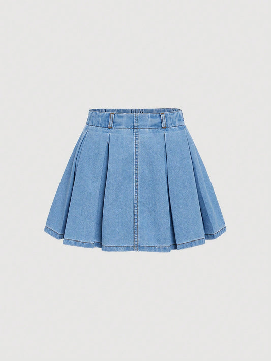 Tween Girl Solid Pleated Denim Skirt