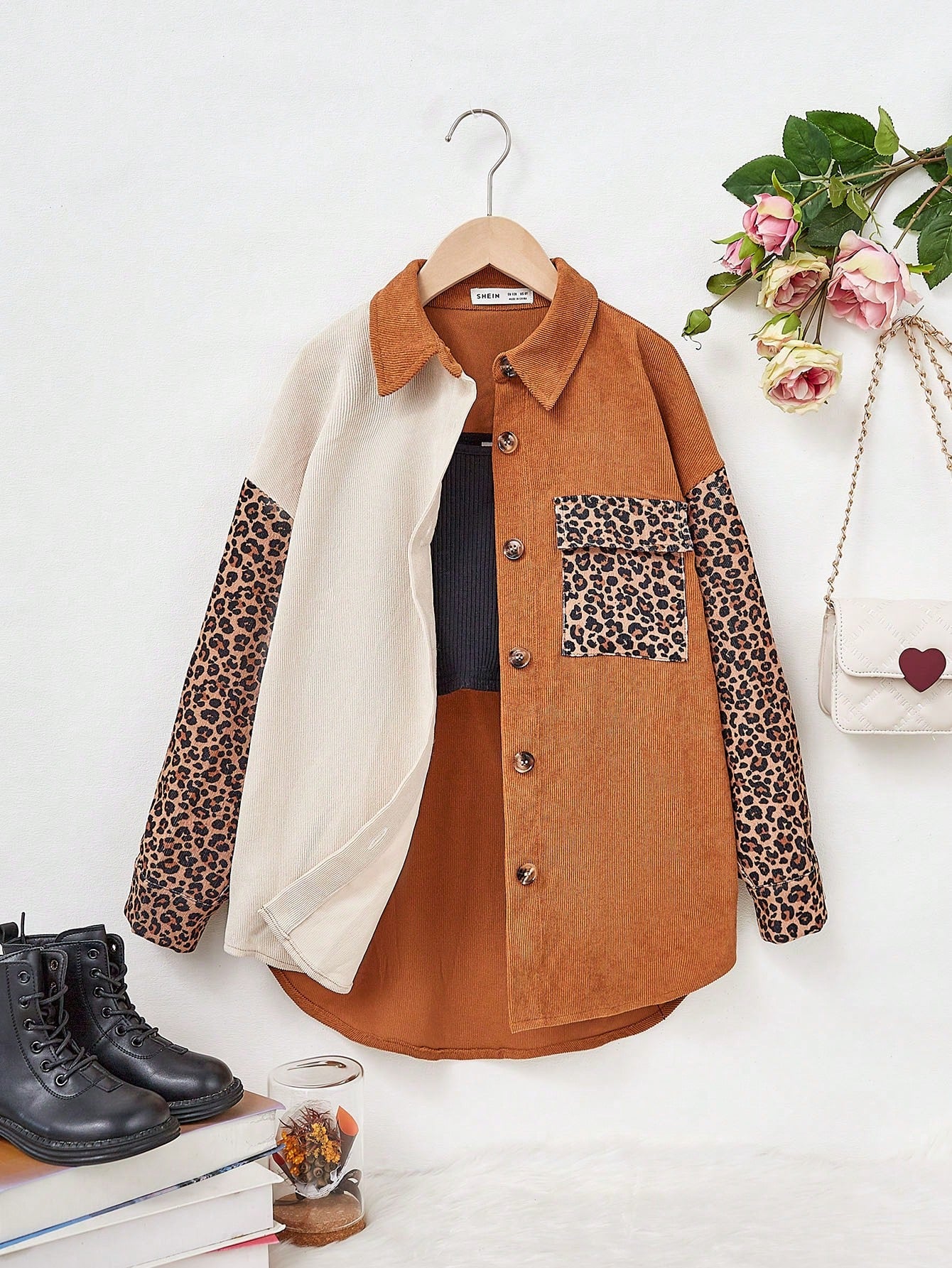 Tween Girl Leopard Print Colorblock Drop Shoulder Coat Without Cami Top