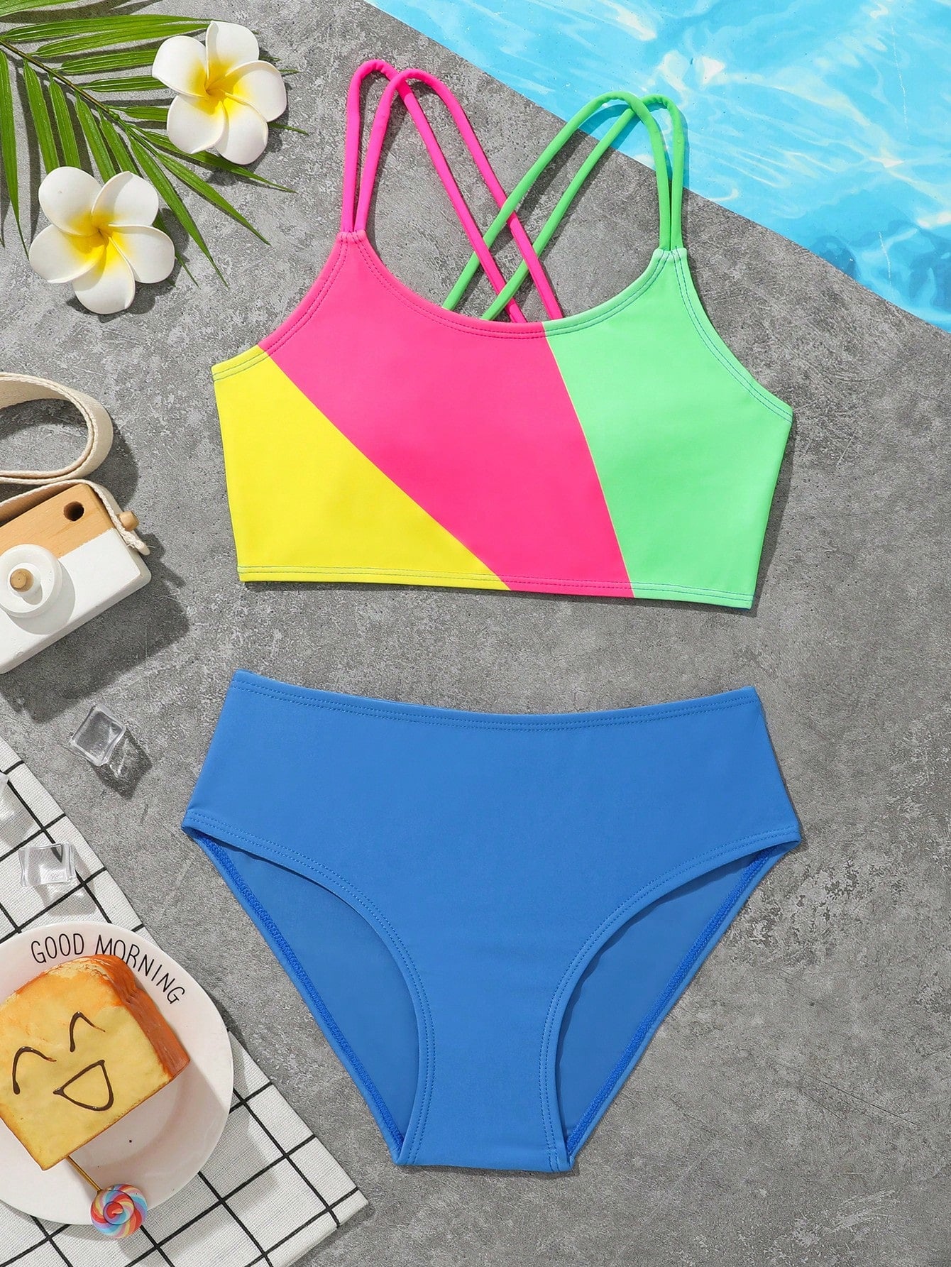 Tween Girl Color Block Crisscross Back Bikini Set Summer Beach