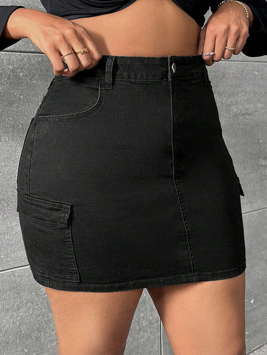 Plus Flap Pocket Side Denim Skirt