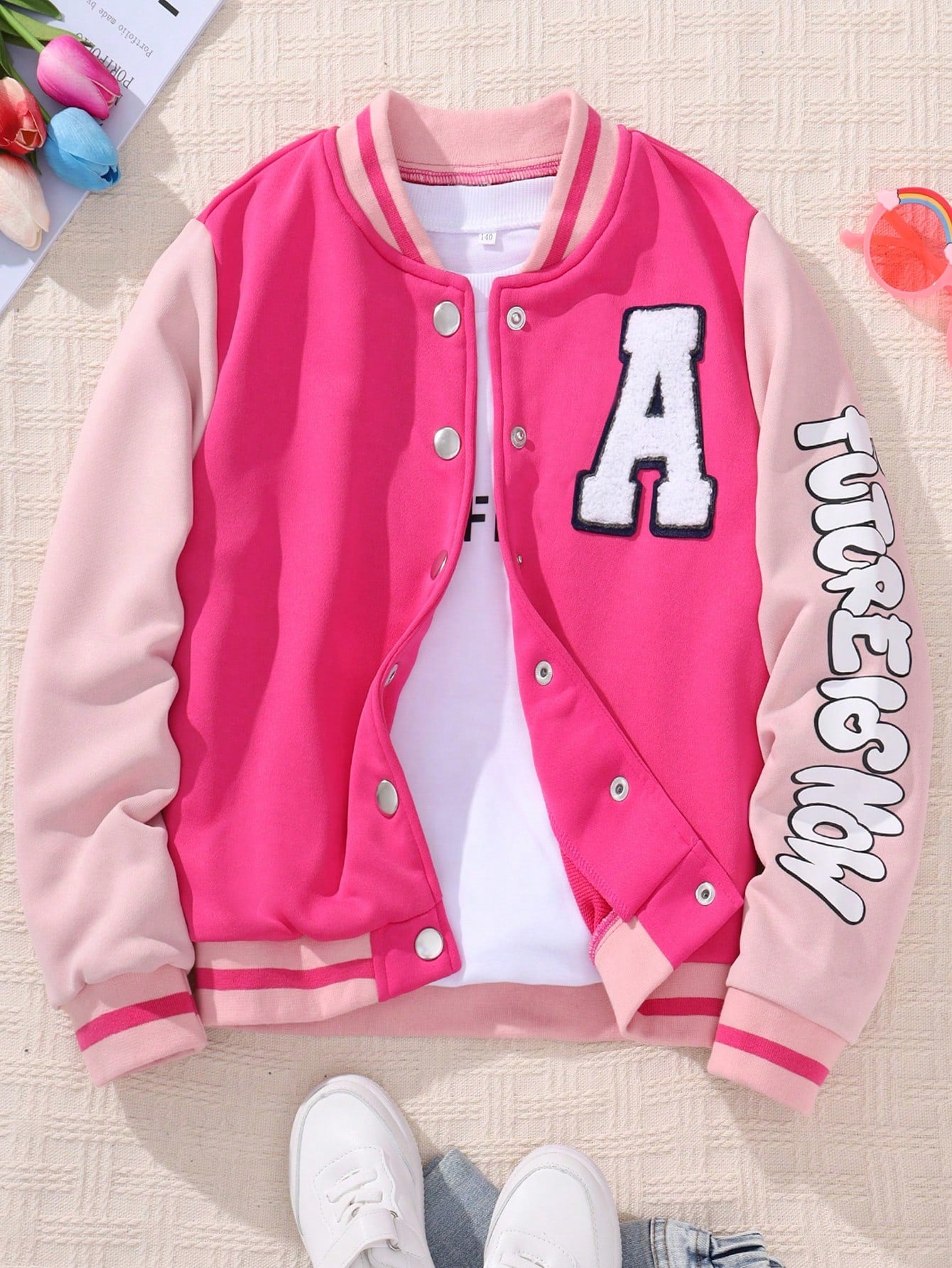 Tween Girl Spring And Autumn Casual Baseball Jacket With Letter Print And Color Block Patchwork