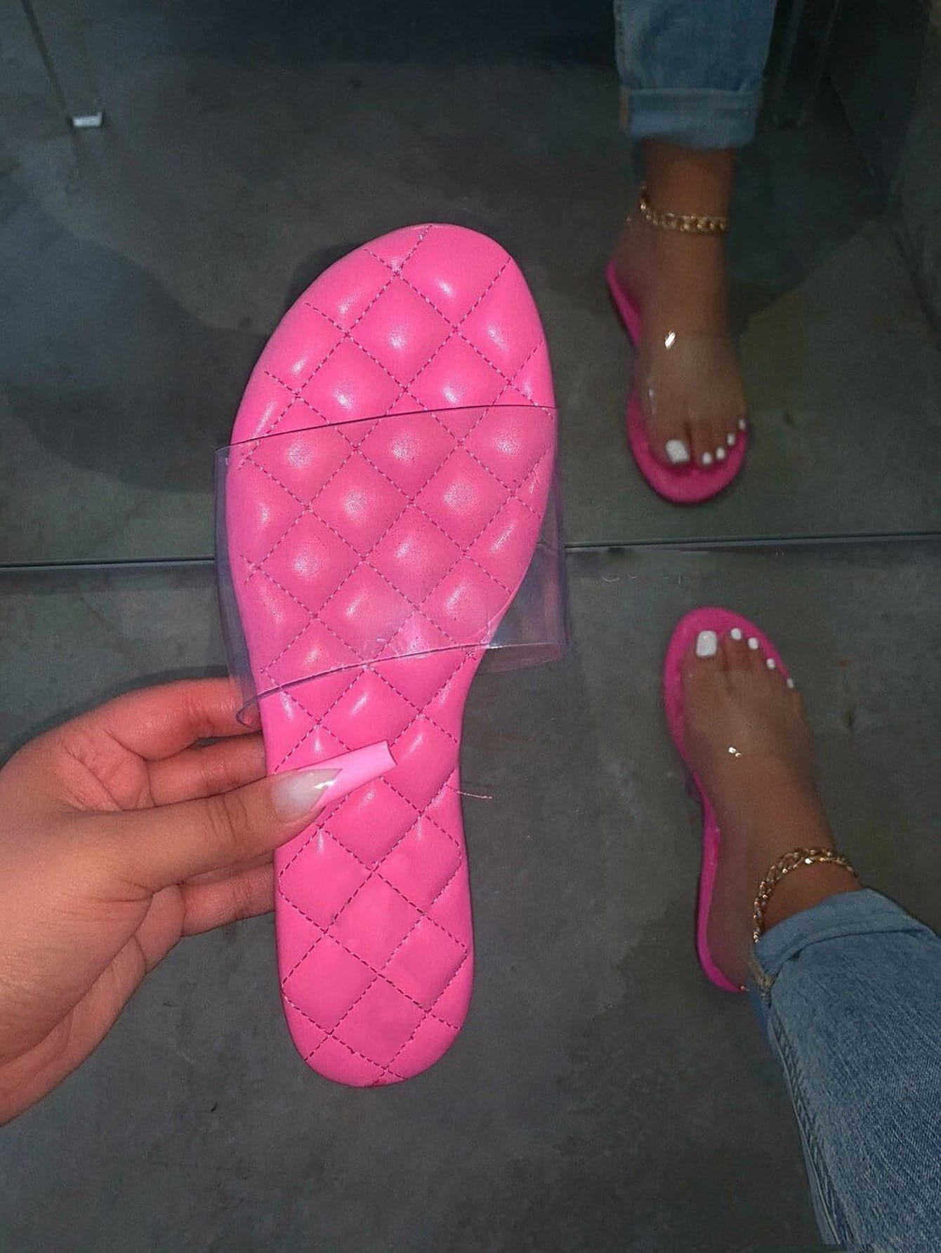 Women's Hot Pink Painted Slippers Sandals, Summer New Style Flat Bottom Beach Shoes