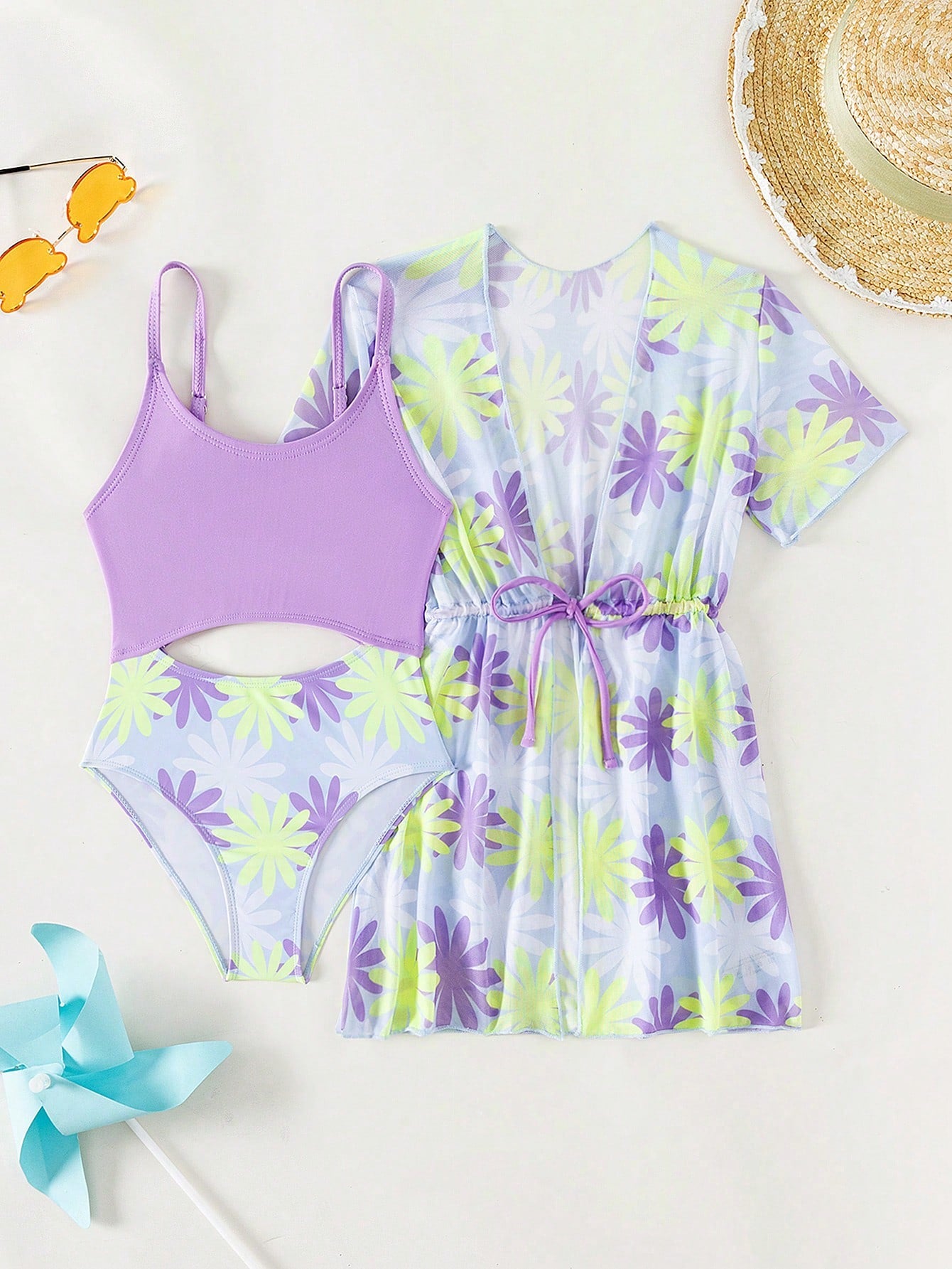 Young Girl Tropical Print Cut Out One Piece Swimsuit With Kimono