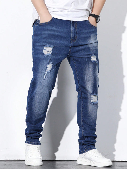 Men Plus Ripped Frayed Bleach Wash Jeans