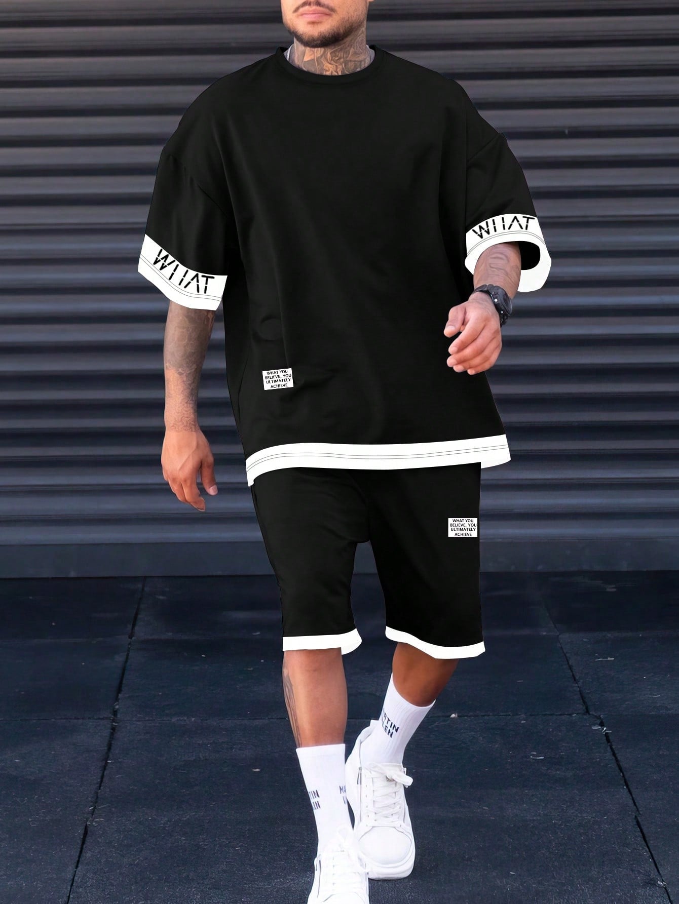 Men Plus Letter Graphic Drop Shoulder Tee & Shorts