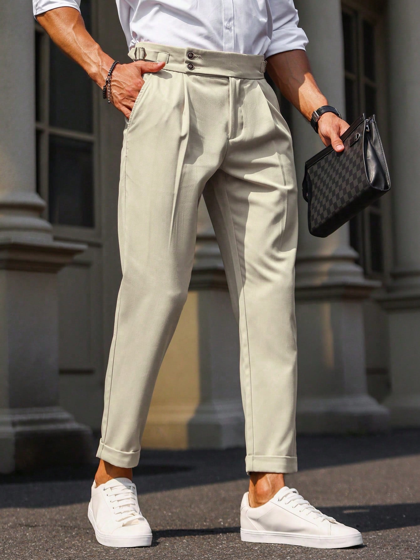 Men Pleated Detail Slant Pocket Suit Pants