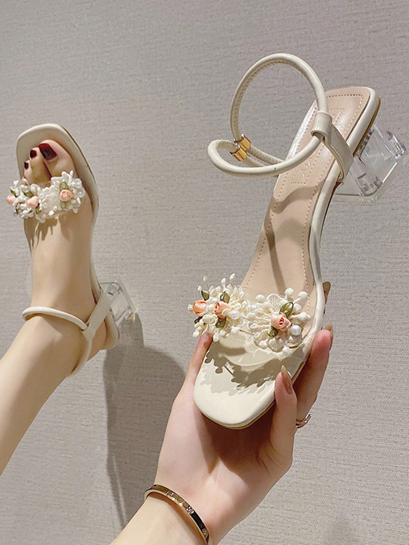 Women Flower Decor Clear Chunky Heeled Ankle Strap Sandals, Fashion Summer PVC Sandals