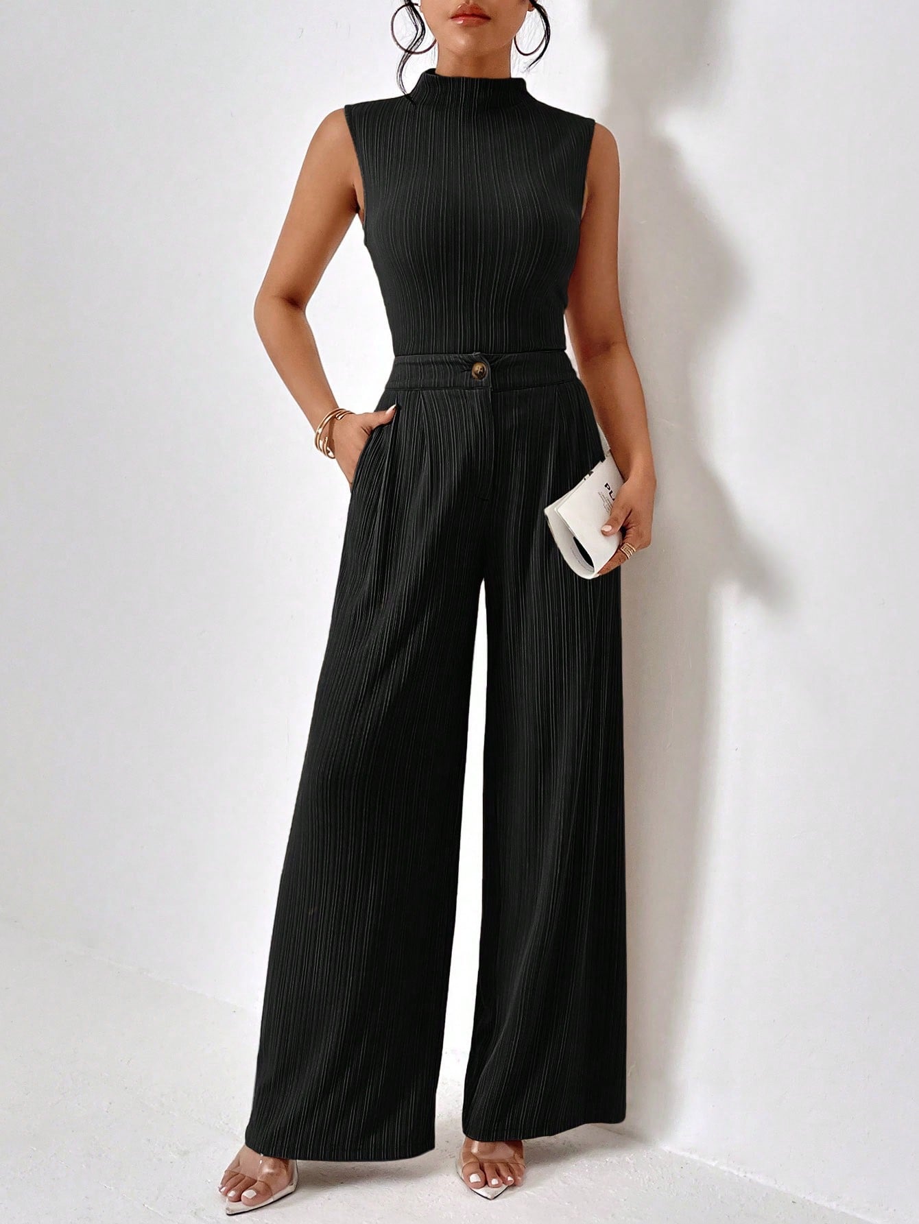 Women's Stand Collar Vest And Wide Leg Pants Set