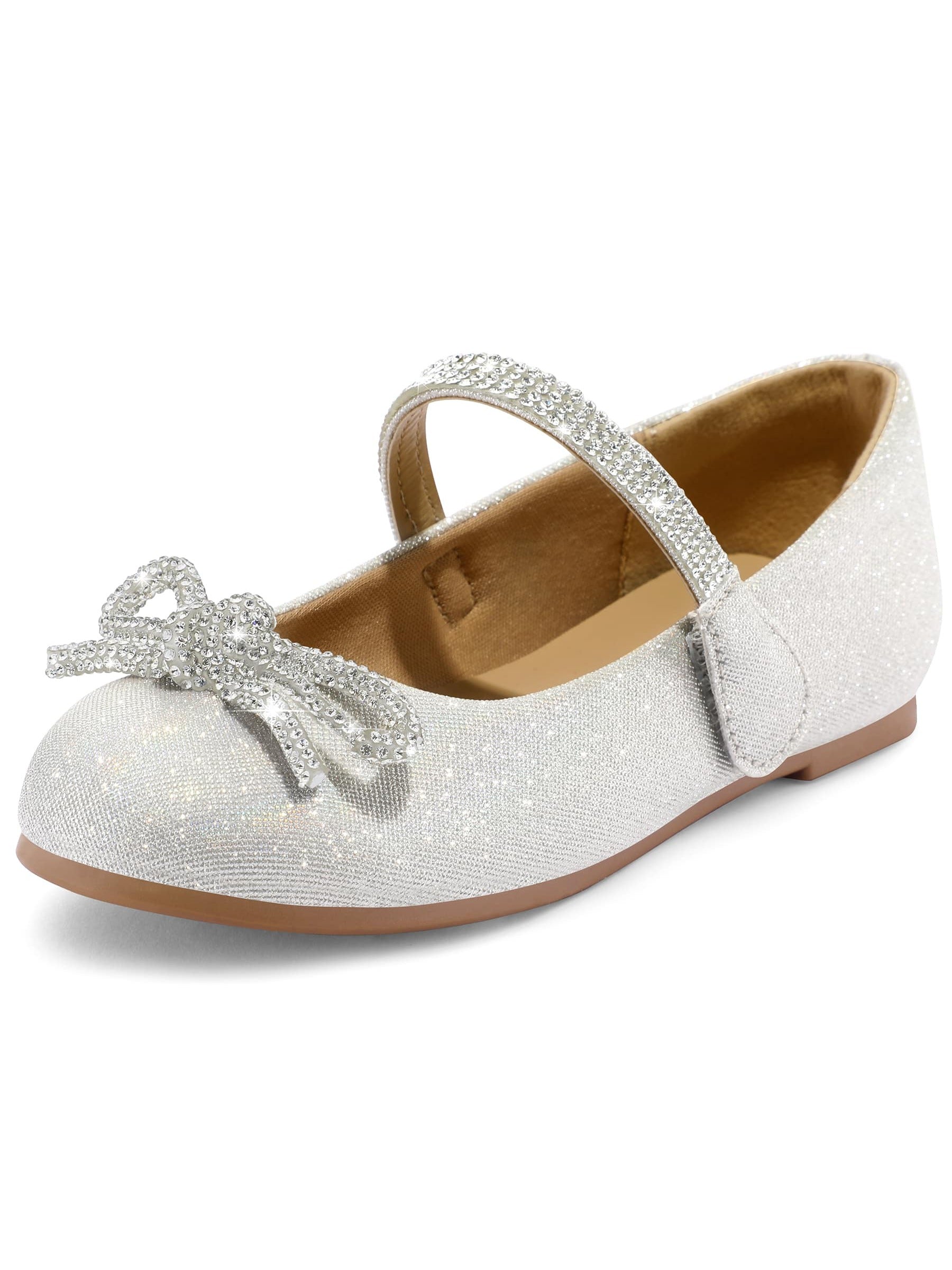 K KomForme Girl's Bow Mary Jane Dress Shoes Ballet Princess Flats With Rhinestone Strap For Party Wedding School