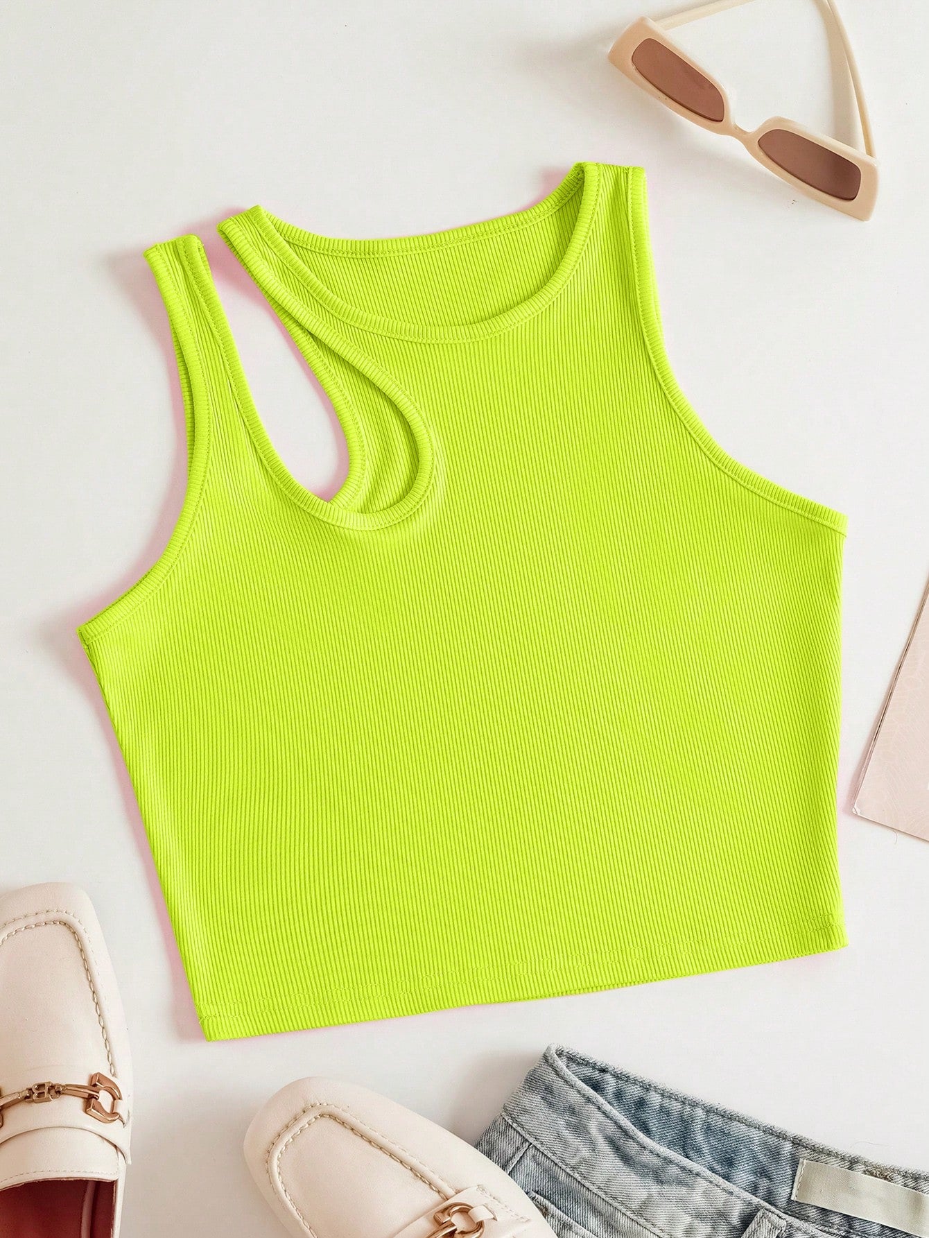 Solid Cut Out Shoulder Ribbed Knit Tank Top For Summer