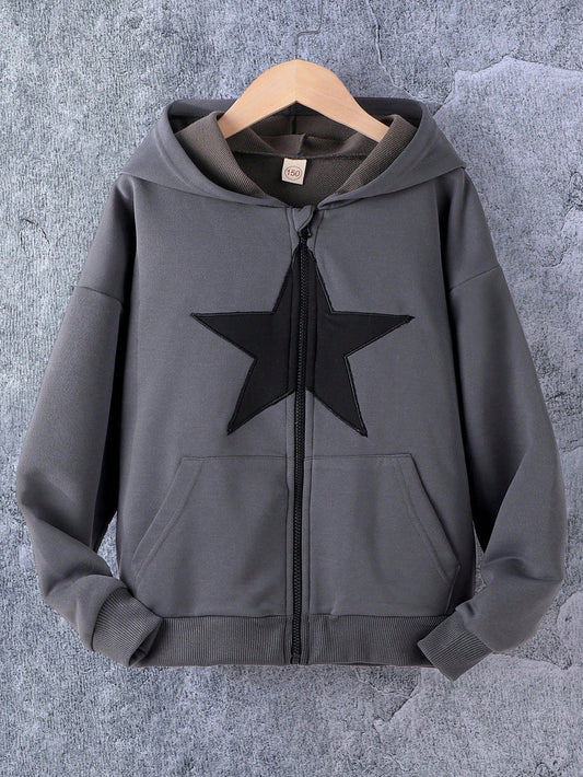 Teen Girl Star Print Zip Up Drop Shoulder Hoodie