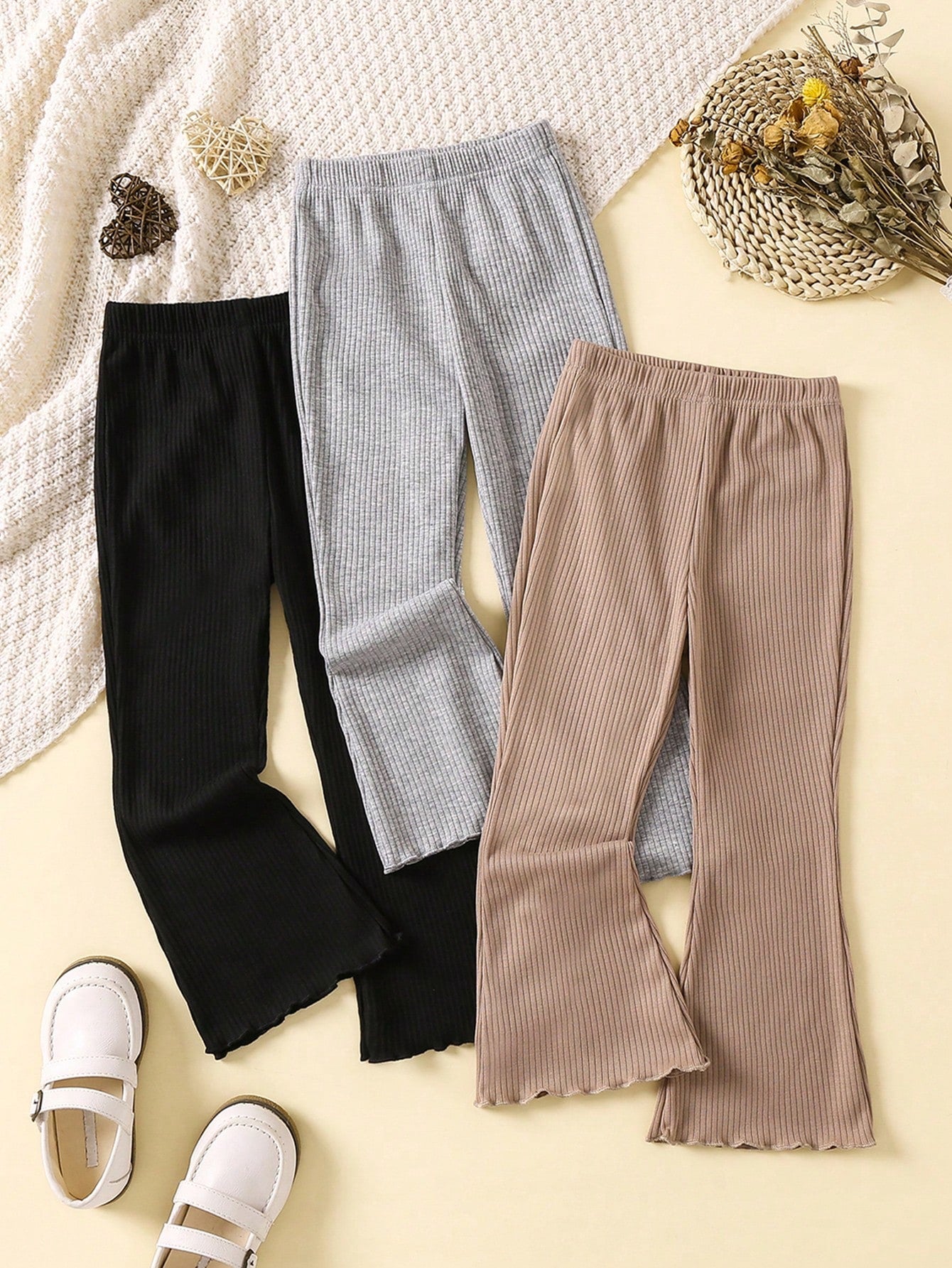 Young Girl 3pcs Ribbed Knit Flare Leg Pants