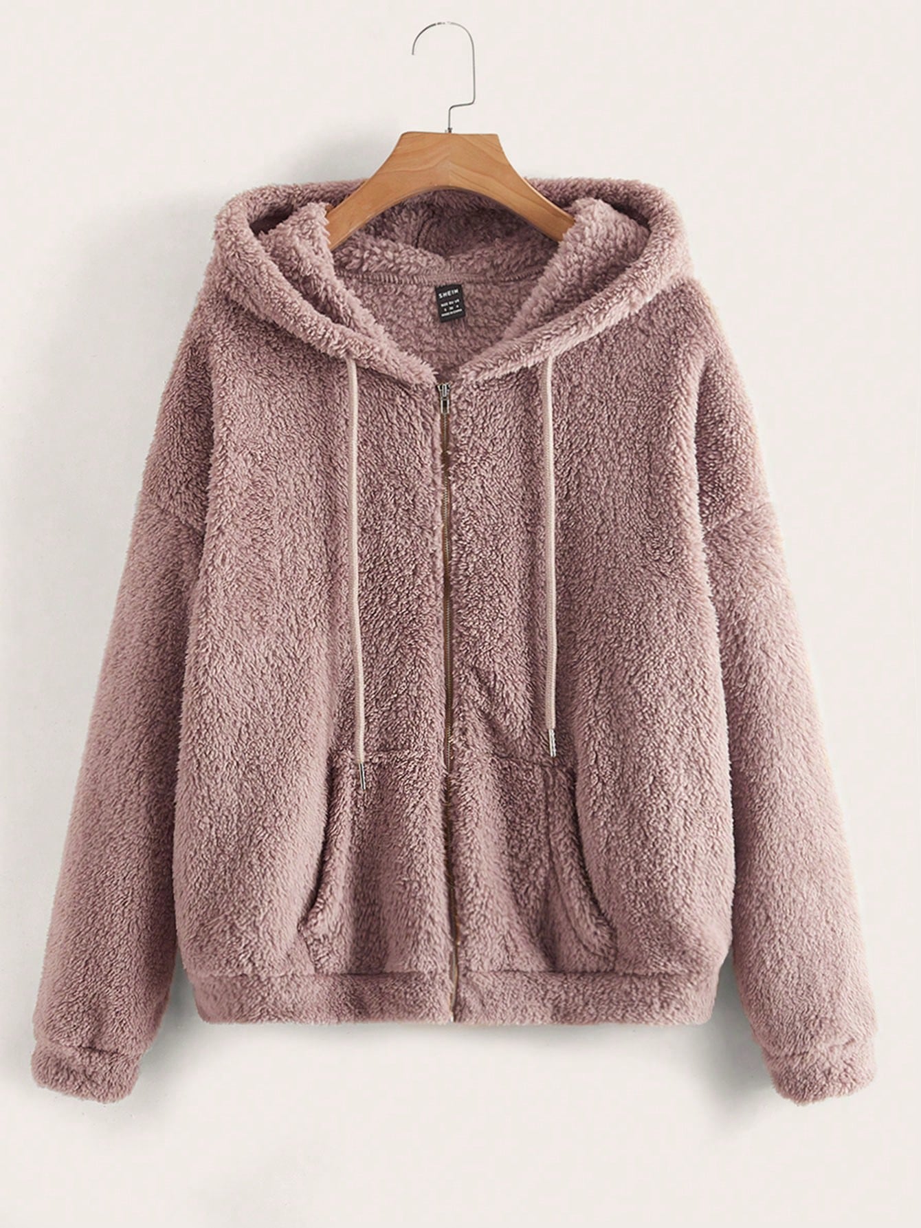 Zip Up Drop Shoulder Drawstring Hooded Teddy Jacket