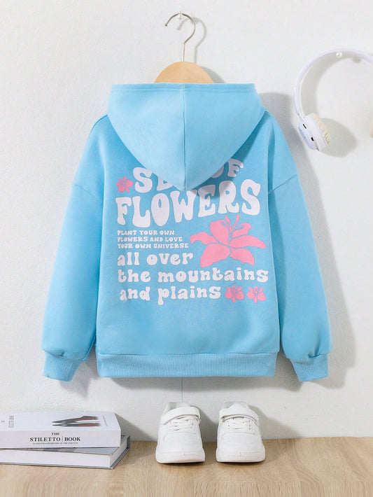 Tween Girls' Casual Knitted Hoodie With Back Pattern & Slogan Print For Autumn And Winter