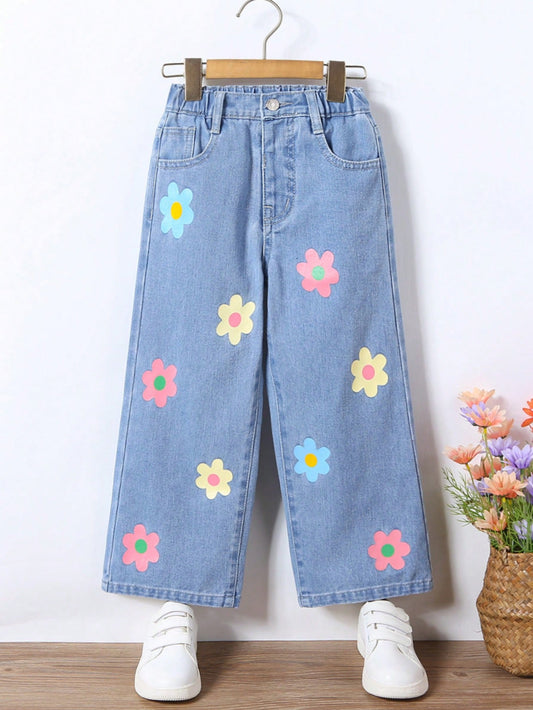 YOUNG GIRL's Street Style, Cute, Casual, Holiday, Academia, Dopamine-Colored, Flower Printed, Elastic Waistband, Wide-Leg Denim Pants, Five Pockets Design, Loose Fit, All-Season Essential Everyday Fashion Item