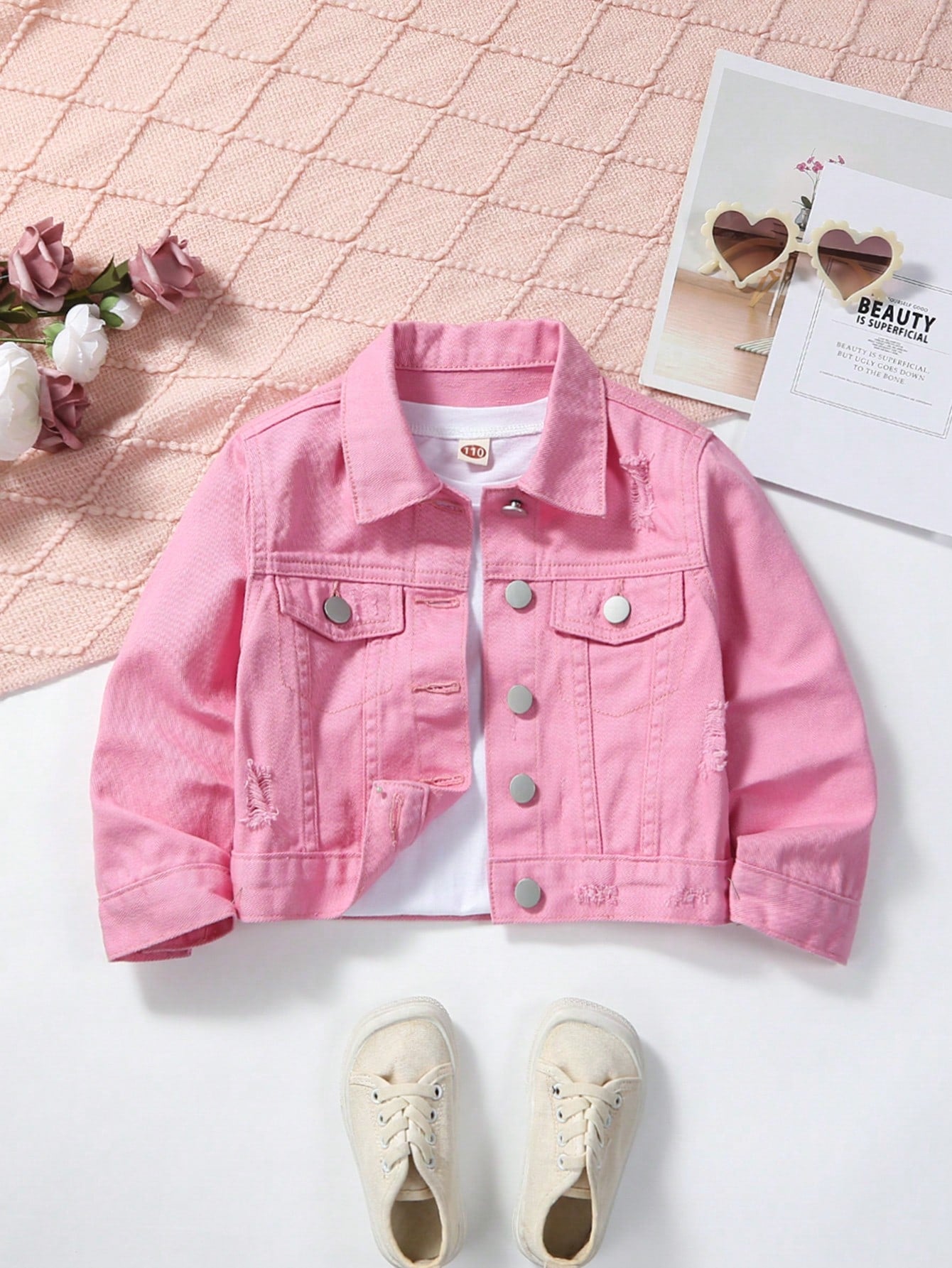 Young Girl Vintage Basic Distressed Short Denim Jacket For Daily Wear