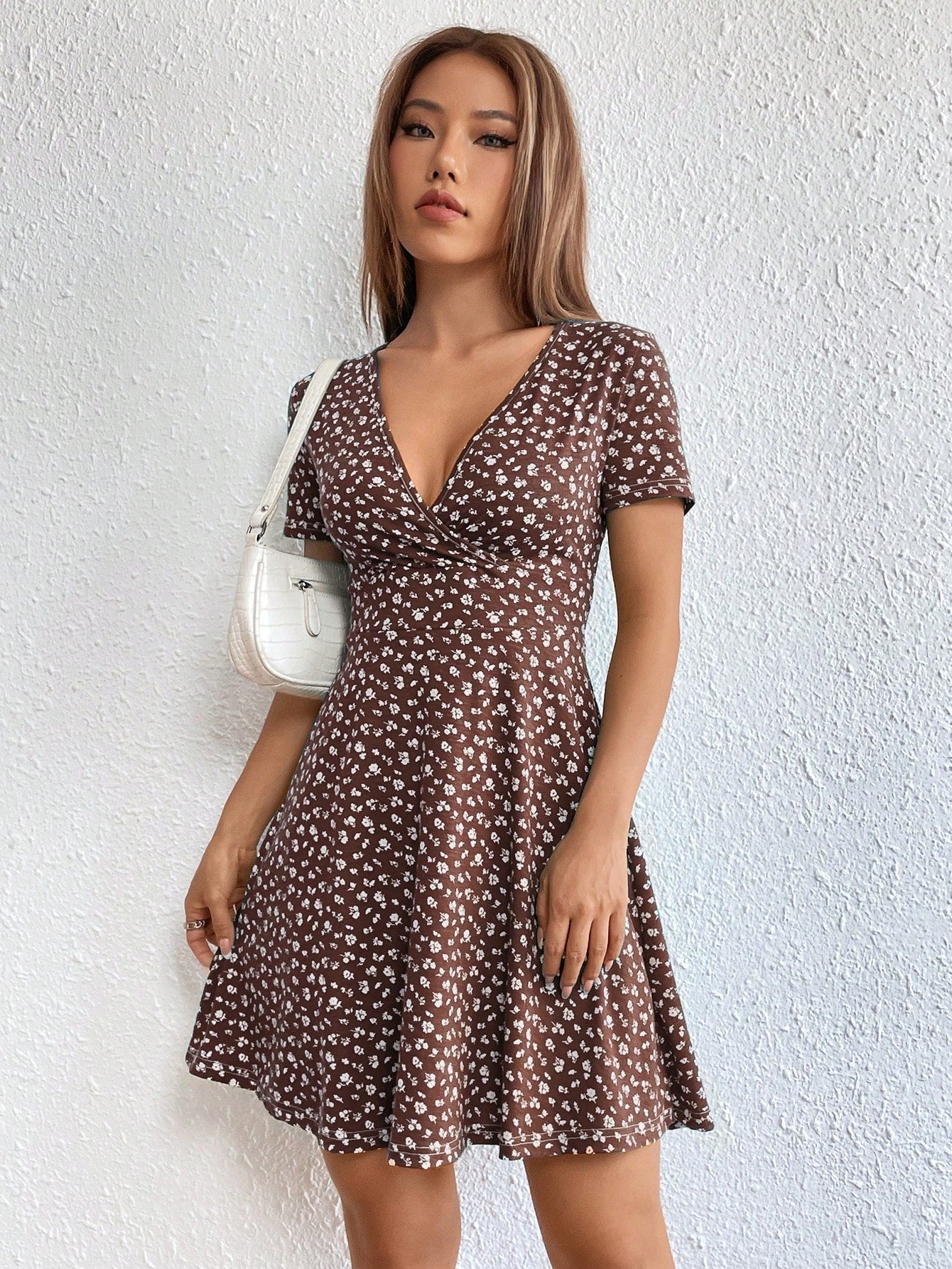 Women Spring/Summer Elegant Wrap Heart Polka Dot Print V-Neck Short Sleeve Dress