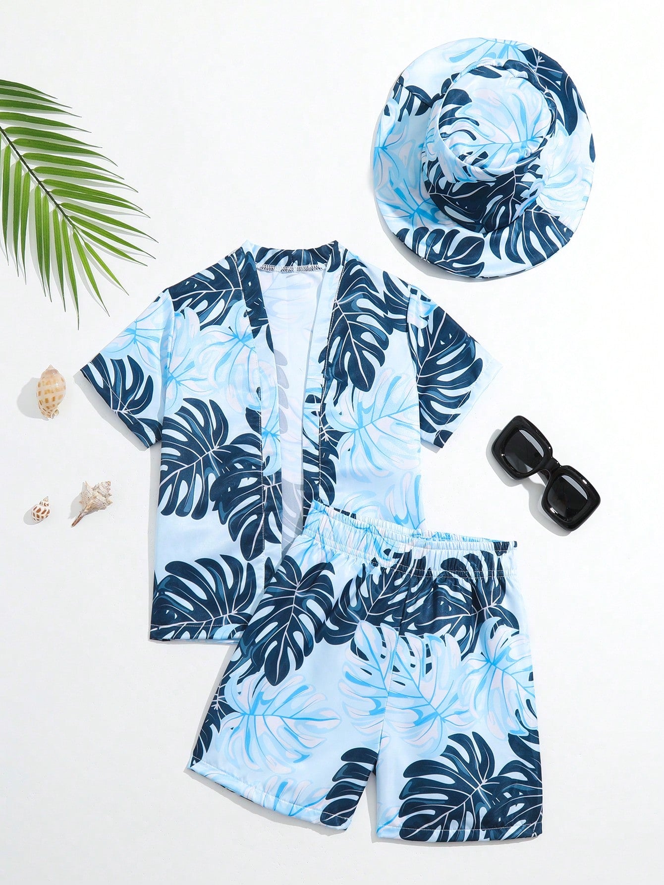 Young Boy Tropical Print Kimono & Beach Shorts & Hat