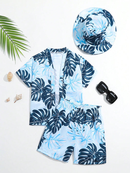 Young Boy Tropical Print Kimono & Beach Shorts & Hat