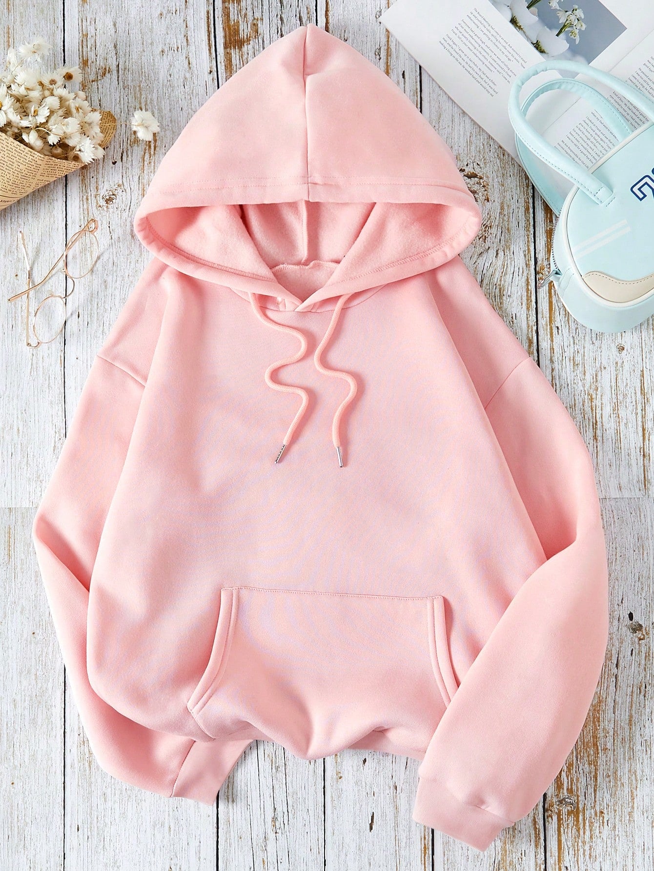 Solid Kangaroo Pocket Drawstring Thermal Lined Hoodie