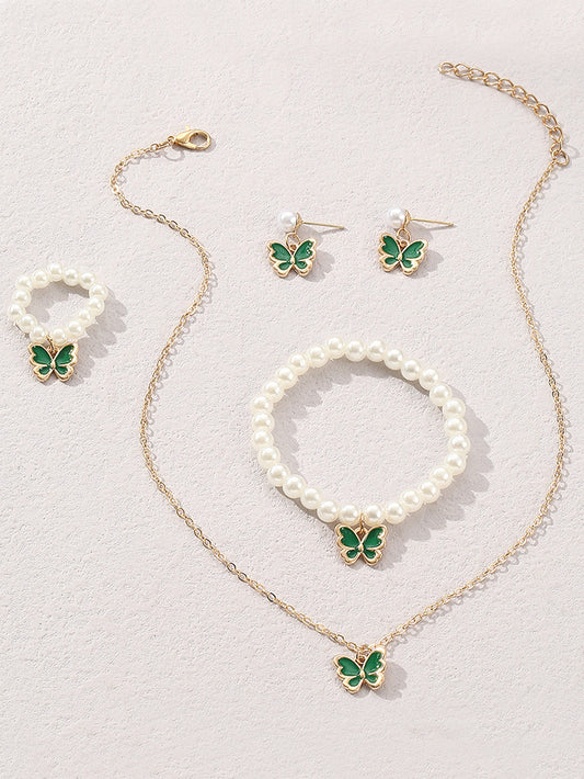 5pcs Kids Jewelry Set, Including Alloy Butterfly Shaped Pendant, Pearl Bracelet, Ring, Earrings And Collarbone Chain